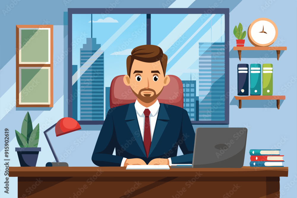A businessman in a suit sits at a desk in a director's office, focused on tasks amid a professional atmosphere with city views A businessman in a suit sits at a desk in a director's office, focused on tasks amid a professional atmosphere with city views