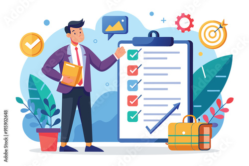 A businessman is reviewing and checking off tasks on his list while standing in a bright office environment with plants and a briefcase nearby