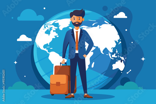 A businessman in a suit stands confidently with a briefcase in front of a large globe, symbolizing international business and trade connections