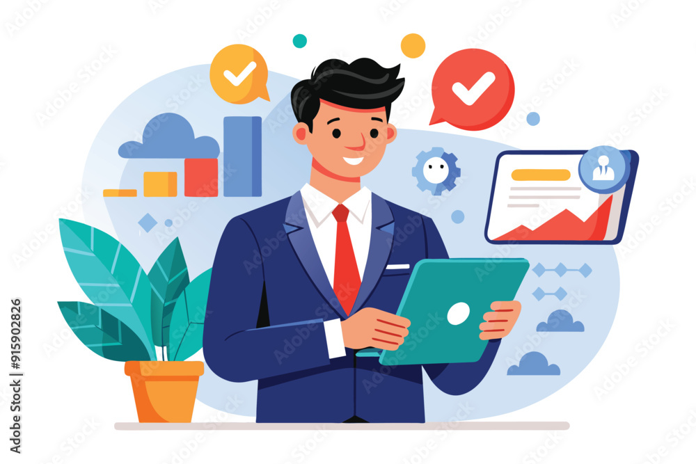 A businessman reviews trending notifications on his tablet while standing in a contemporary office environment, displaying enthusiasm and focus A businessman reviews trending notifications on his tablet while standing in a contemporary office environment, displaying enthusiasm and focus