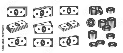 Bills dollar cents coins icons set. Money banknote currency bills and cents. Vector design elements isolate.