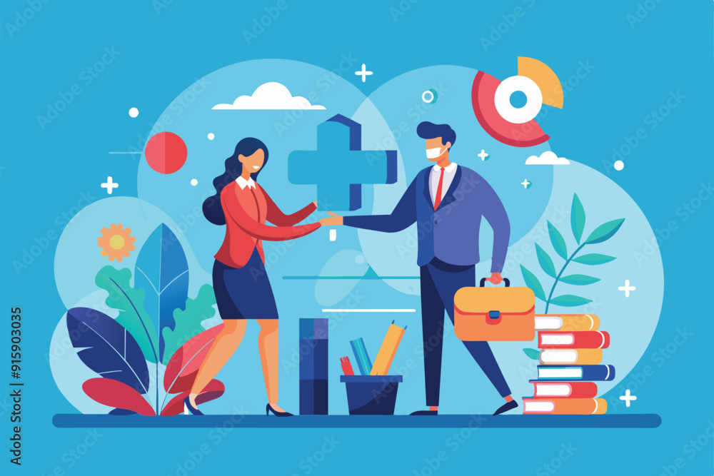 Two business professionals are shaking hands to celebrate a merger in a vibrant office filled with plants and colorful elements Two business professionals are shaking hands to celebrate a merger in a vibrant office filled with plants and colorful elements