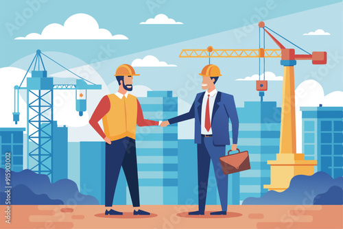 Two businessmen shake hands at a construction site, surrounded by towering cranes and a skyline in the background on a clear day