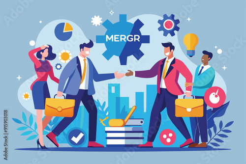 Two professionals shake hands to celebrate a business merger while colleagues discuss strategies in a vibrant corporate environment
