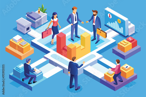 Business professionals engage in a merger discussion, utilizing a customizable workspace with charts, documents, and modern office tools for collaboration