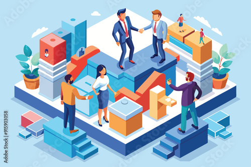 Creative isometric illustration depicts professionals engaging in a business merger, symbolizing teamwork and strategic collaboration in a dynamic environment