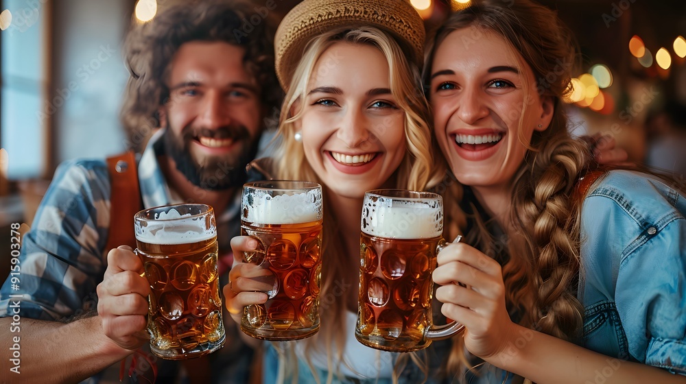 A lively group of people celebrating Oktoberfest, each holding a cold beer, capturing the festive spirit of the event. A lively group of people celebrating Oktoberfest, each holding a cold beer, capturing the festive spirit of the event.