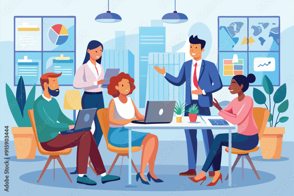 A team of business professionals engages in strategic discussions while reviewing data and collaborating in a bright office environment A team of business professionals engages in strategic discussions while reviewing data and collaborating in a bright office environment