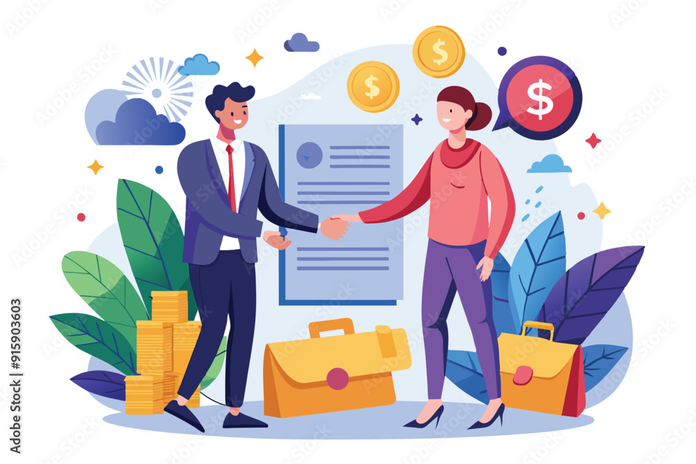 Two business professionals are shaking hands while holding contract papers, symbolizing a successful partnership and agreement Two business professionals are shaking hands while holding contract papers, symbolizing a successful partnership and agreement