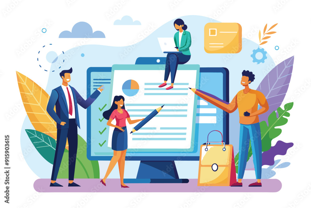 Business people are collaborating and signing a contract online in a contemporary office setting during the afternoon hours Business people are collaborating and signing a contract online in a contemporary office setting during the afternoon hours