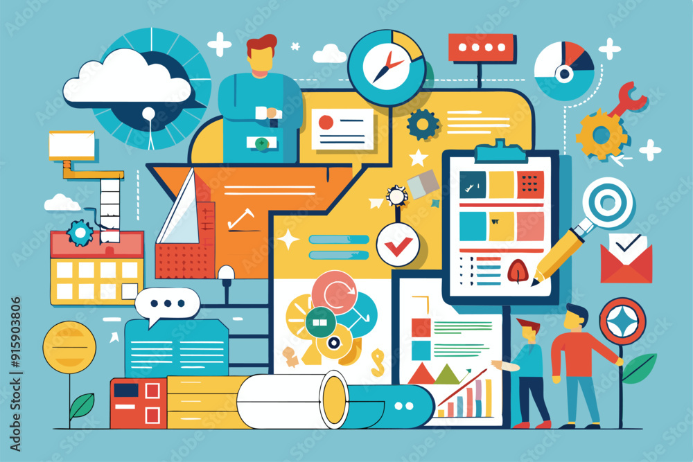 custom made wallpaper toronto digitalA vibrant illustration showcasing various customizable elements for a business plan with charts, graphs, and digital tools in an office setting