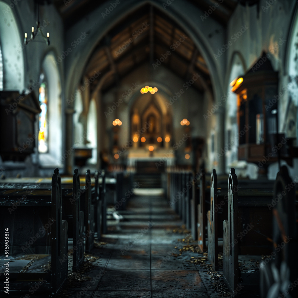 Fototapeta premium A row of wooden pews in an old abandoned church