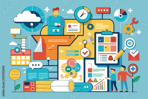 Wallpaper Mural A vibrant illustration showcasing various customizable elements for a business plan with charts, graphs, and digital tools in an office setting Torontodigital.ca