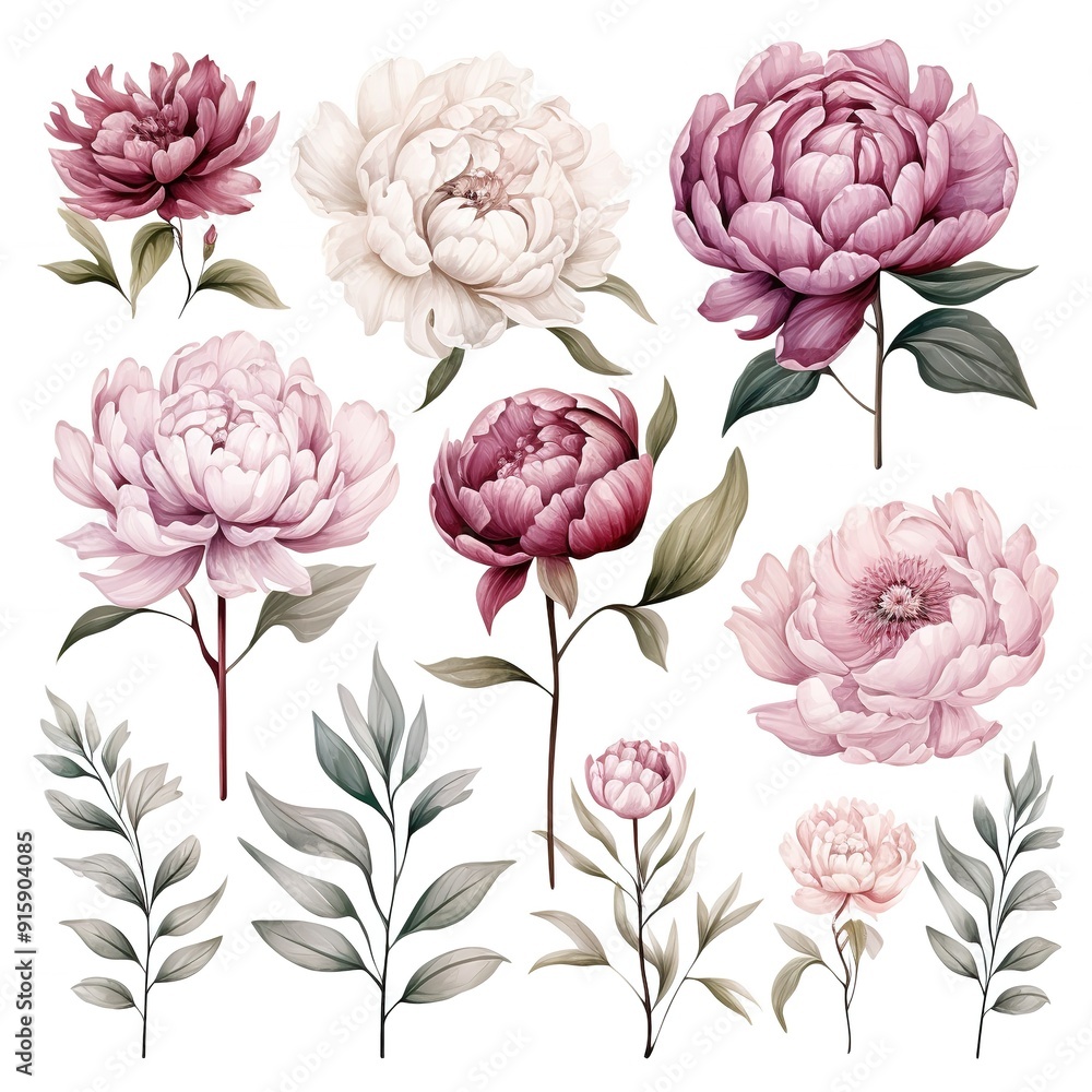 A collection of delicate peonies and leaves in soft pink and white hues. A collection of delicate peonies and leaves in soft pink and white hues.