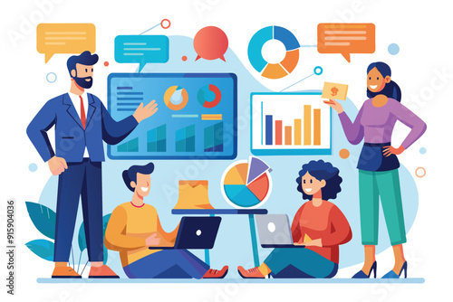 A team discusses a business prospect presentation, featuring charts and graphs, while collaborating around laptops in a vibrant office setting