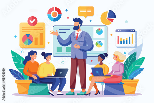 A presenter engages with four seated participants, showcasing data graphics and discussing business prospects in a collaborative environment