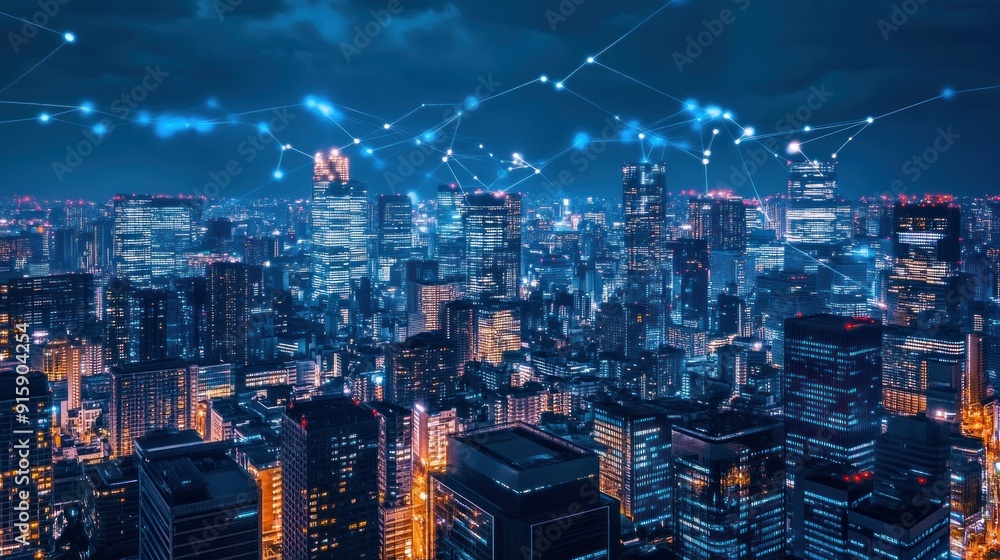 Night Cityscape with Network Connections Night Cityscape with Network Connections