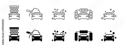 Set of vector car wash icons. Icons for car wash service of your car. Car cleaning services. Car wash.