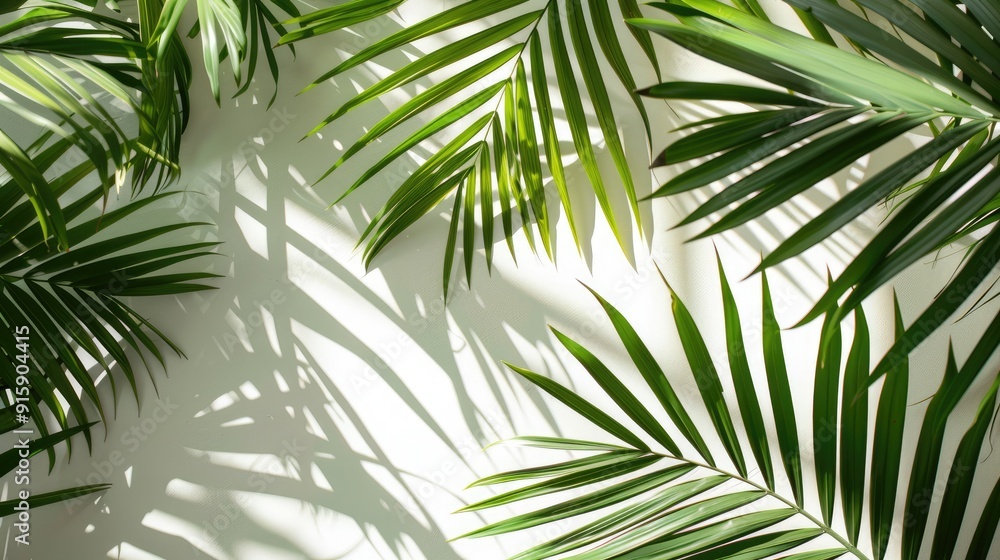 Tropical palm leaves on seasonal backdrop for product showcase. Natural shadow on flat lay. Tropical palm leaves on seasonal backdrop for product showcase. Natural shadow on flat lay.