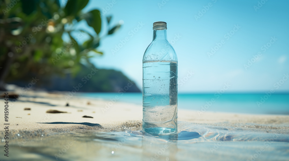 A clear bottle of water on a sandy beach with gentle waves in the background. A clear bottle of water on a sandy beach with gentle waves in the background.