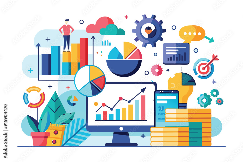 Charts and graphs illustrate business strategies with digital tools and growth indicators in a vibrant office setting Charts and graphs illustrate business strategies with digital tools and growth indicators in a vibrant office setting