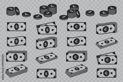 Paper banknote dollar and euro icons set. Money currency bills and cents. Vector design elements isolate.