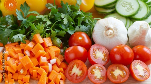 Freshly Chopped Vegetables on a Cutting Board in Bright Kitchen Light