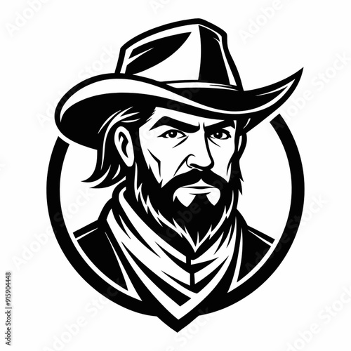 Cowboy portrait in black and white Monochrome vector of a man with a hat and beard Isolated on white backdrop Concept of Western culture masculine style vintage Americana Logo sticker design photo