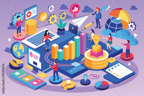 Business professionals collaborate in a colorful digital workspace, focusing on strategy and analytics for growth and success