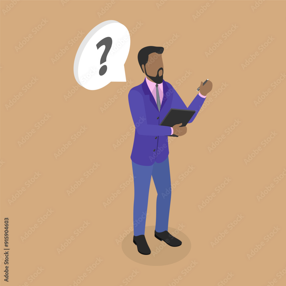 Obraz premium 3D Isometric Flat Vector Illustration of Office Worker, Man Thinks While Holding Clipboard and Pen