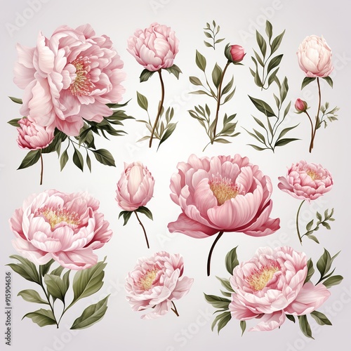 A collection of pink peonies and green leaves, perfect for floral design.