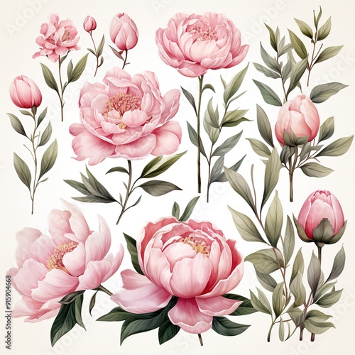A collection of pink peonies with green leaves, perfect for spring and wedding designs.