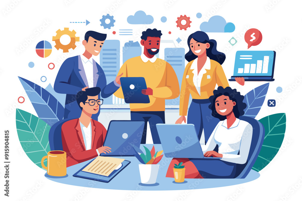 A diverse team of professionals engages in collaborative work, analyzing project data and discussing strategies around laptops in a vibrant office A diverse team of professionals engages in collaborative work, analyzing project data and discussing strategies around laptops in a vibrant office