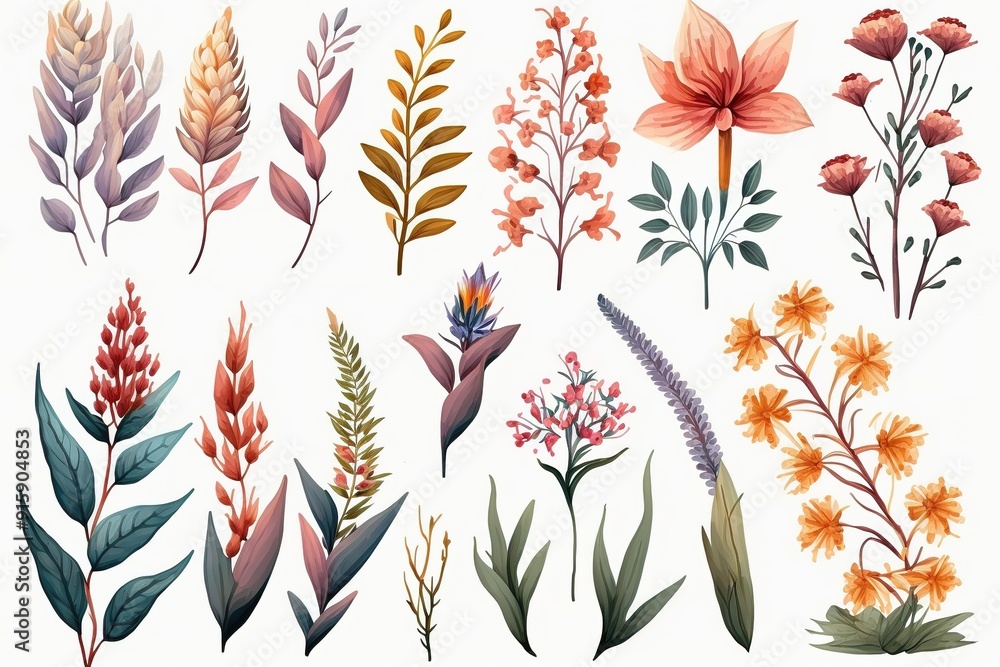 Fototapeta premium A collection of watercolor-style floral elements with delicate leaves and vibrant blooms, perfect for design projects.
