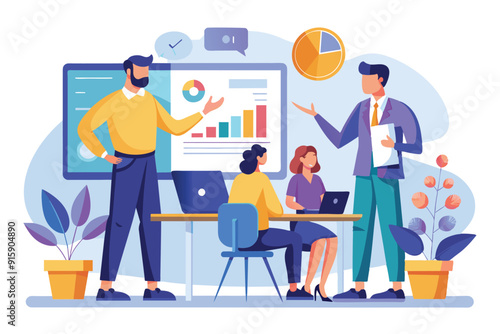 Professionals engage in a training session with a large screen showcasing data visuals while collaborating at a conference table in a vibrant workspace
