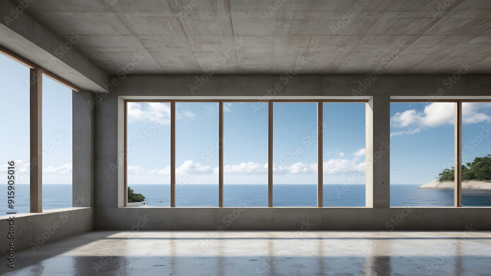 Fototapeta premium 3d render of an empty concrete room with a large window on the sea background.