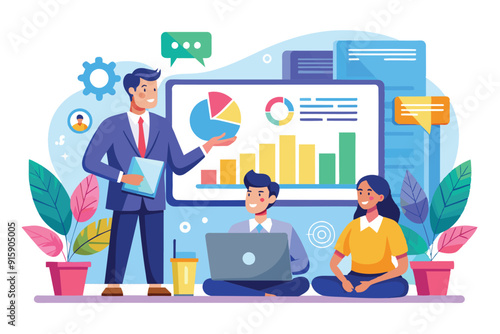 A presenter shares data analysis insights with engaged participants during an interactive webinar session focused on business strategies