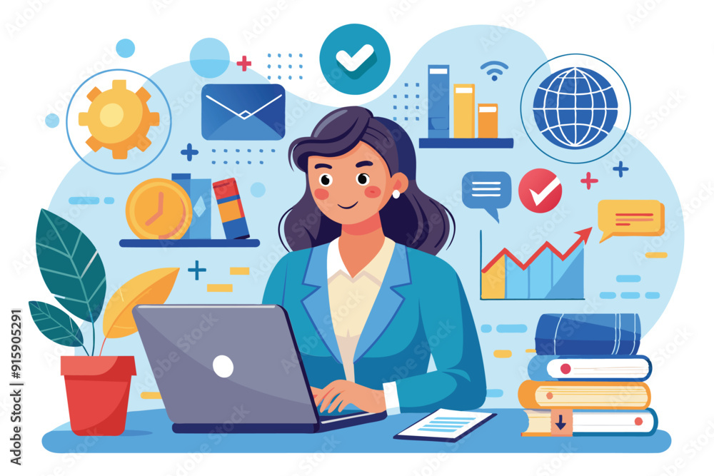 A businesswoman focuses on her laptop, learning about business strategies while surrounded by books and visual aids in a cozy home office setting A businesswoman focuses on her laptop, learning about business strategies while surrounded by books and visual aids in a cozy home office setting