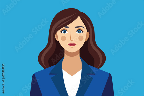 A confident businesswoman in a blazer presents a professional look, focusing on her tasks during a workday in a vibrant blue setting