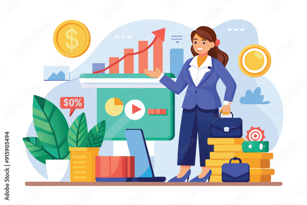 A business woman showcases sales profits while discussing growth strategies in an online shop during a busy workday A business woman showcases sales profits while discussing growth strategies in an online shop during a busy workday