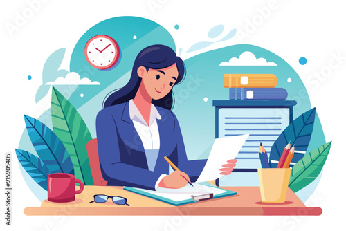 A businesswoman focused on signing a contract, seated at her desk filled with stationery, a coffee mug, and a clock in the background