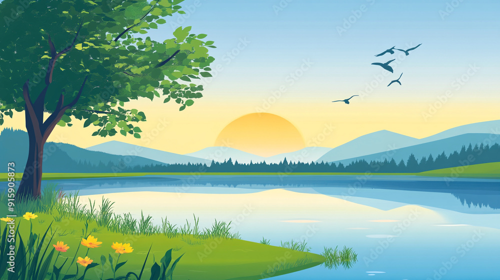 Cartoon simple lake background in the morning Cartoon simple lake background in the morning