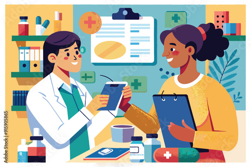 A pharmacist is handing a filled prescription to a smiling patient in a well-stocked pharmacy