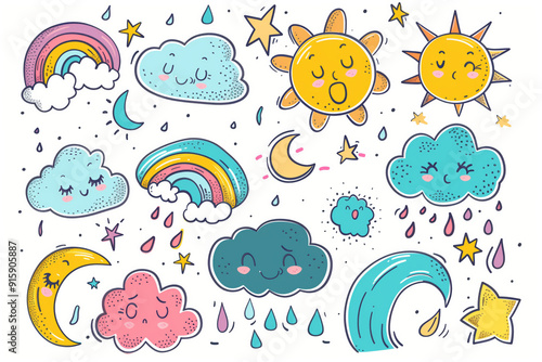 Whimsical Cartoon Weather Characters Enjoying a Playful Day With Sunshine, Rainbows, and Clouds
