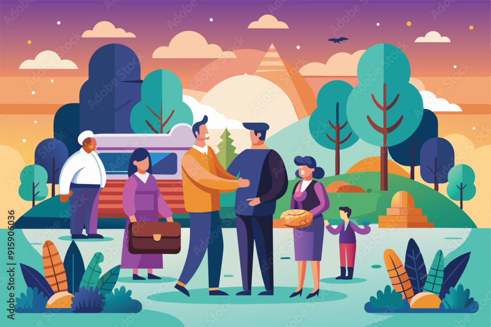 Friends and family enjoy a warm gathering in a park at sunset, sharing greetings and homemade goods amidst lush greenery and vibrant colors Friends and family enjoy a warm gathering in a park at sunset, sharing greetings and homemade goods amidst lush greenery and vibrant colors