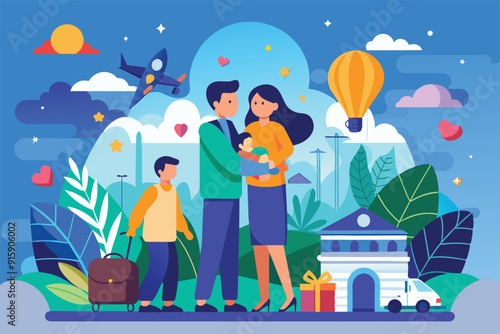 A family bids farewell at the airport, surrounded by lush greenery, colorful balloons, and an airplane flying in the sky