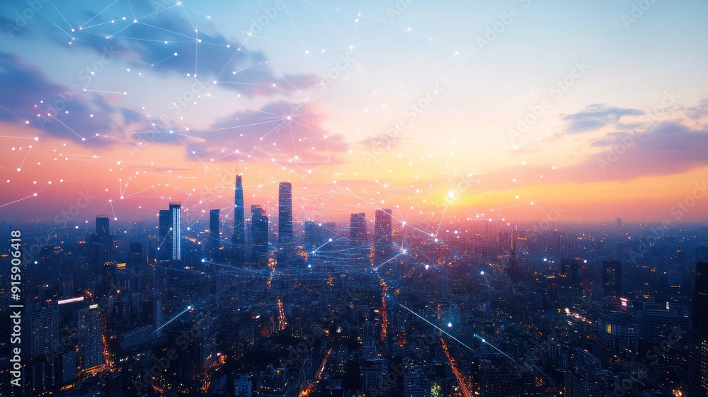 Fototapeta premium Connected Cityscape at Sunset