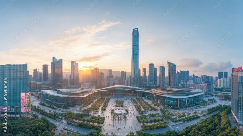 Obraz premium Aerial View of Modern Cityscape with Sunset