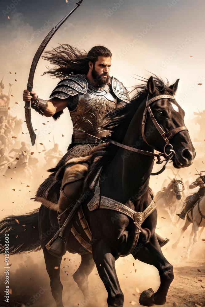 Fototapeta premium Epic Battle: dramatic image of a fierce warrior on horseback charging into battle. The chaos and intensity of the scene are captured in stunning detail. generative AI