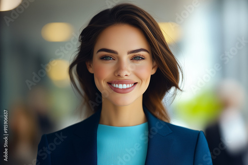 Portrait of a smiling businesswoman with long brown hair, wearing a blue blazer, standing outdoors in a blurred city background. 